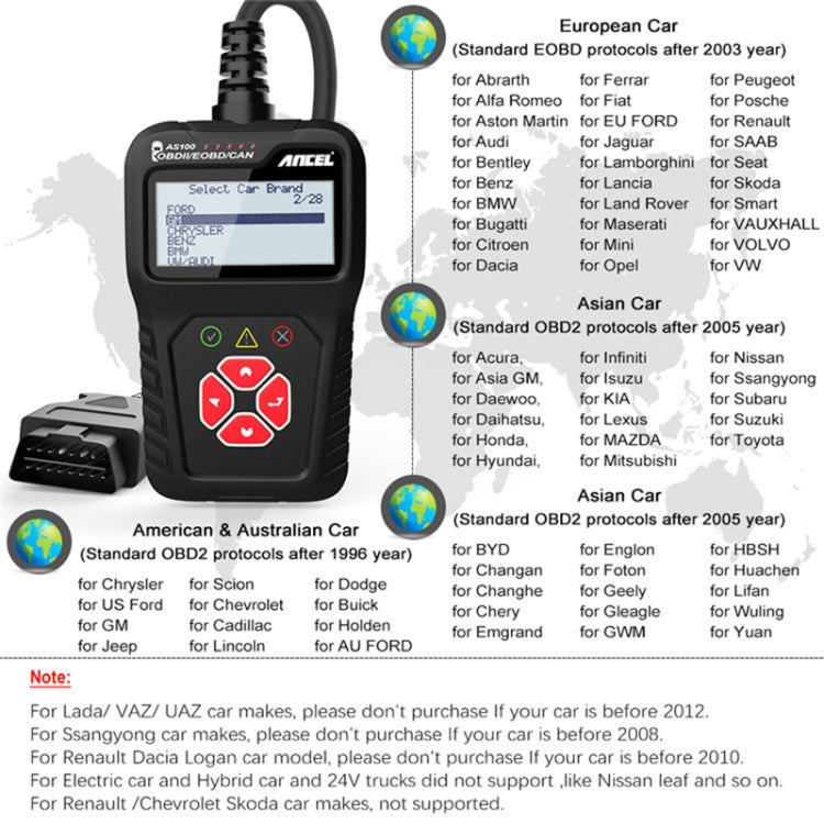 Ancel AS100 Car Fault Detector OBDII Engine Fault Light Clear, AS100