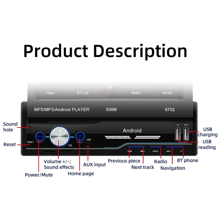 SWM 9702 Car HD 7 inch Android Radio Receiver MP5 Player, Support FM & Bluetooth & GPS & WiFi, SWM - 9702