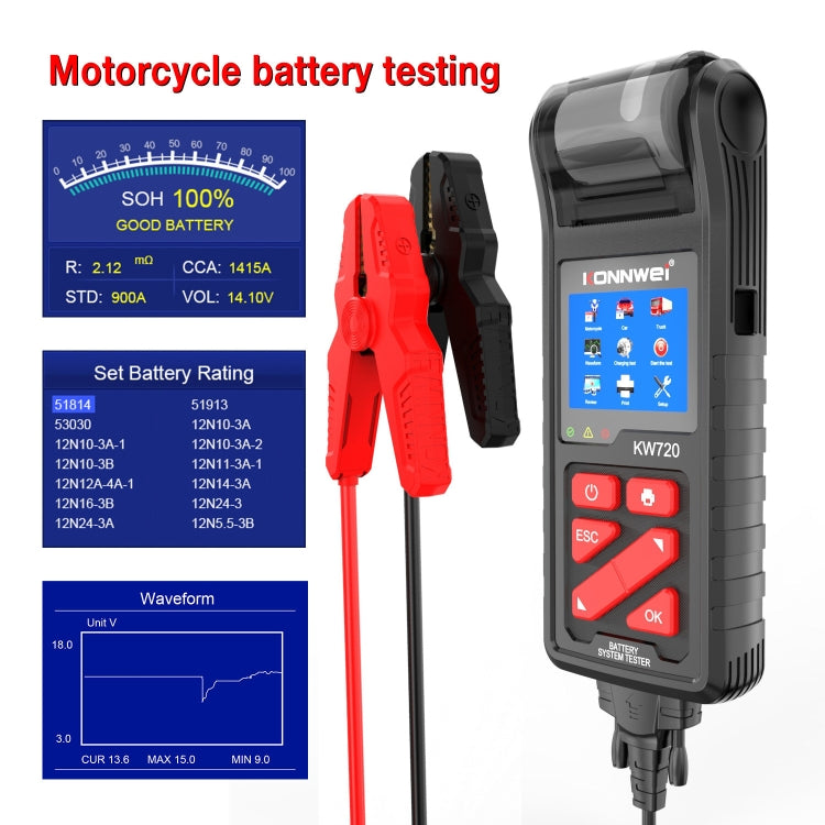 KONNWEI KW720 Car 3.2 inch 6V-24V Lead-acid Battery Tester with Printer, KW720