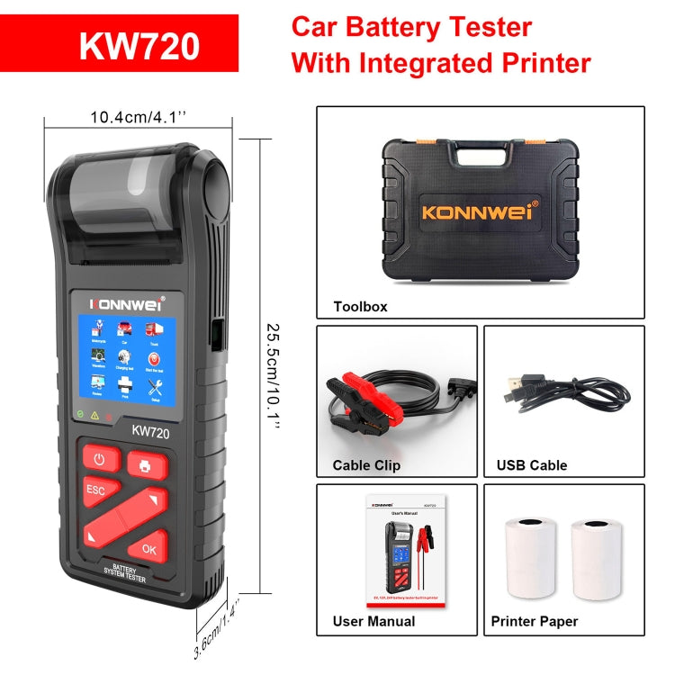 KONNWEI KW720 Car 3.2 inch 6V-24V Lead-acid Battery Tester with Printer, KW720