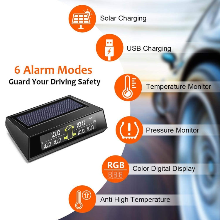 Car Solar Wireless Tire Pressure Monitoring System TPMS 6 External Sensors for 6-wheel Truck Bus, Solar Wireless Tire Pressure Monitoring