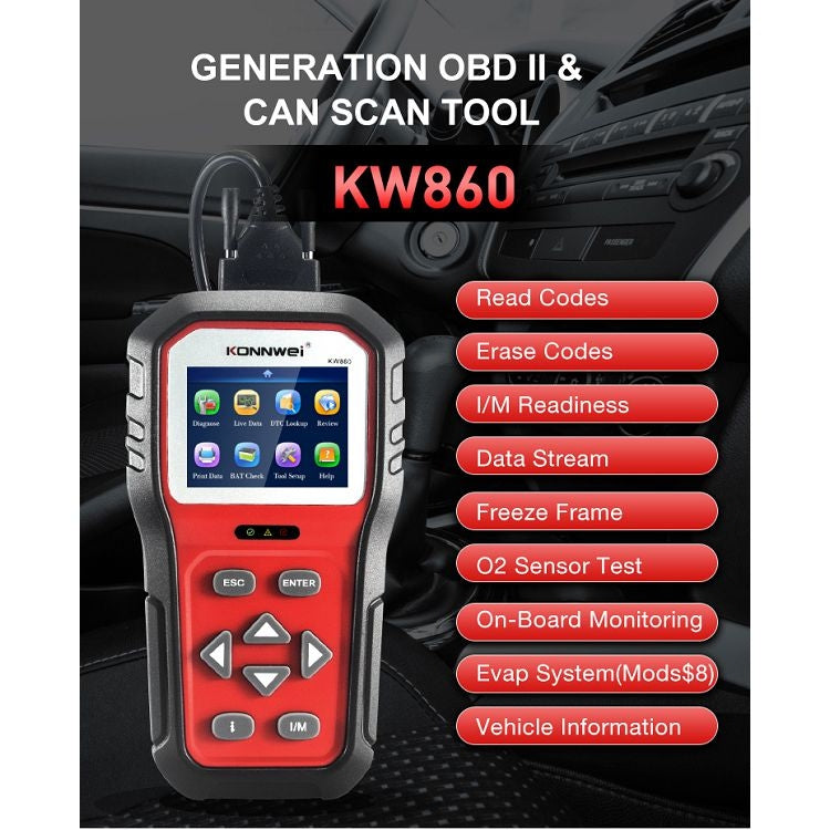 KONNWEI KW860 Car 2.8 inch TFT Color Screen Battery Tester Support 8 Languages / I Key Analysis Function, KW860