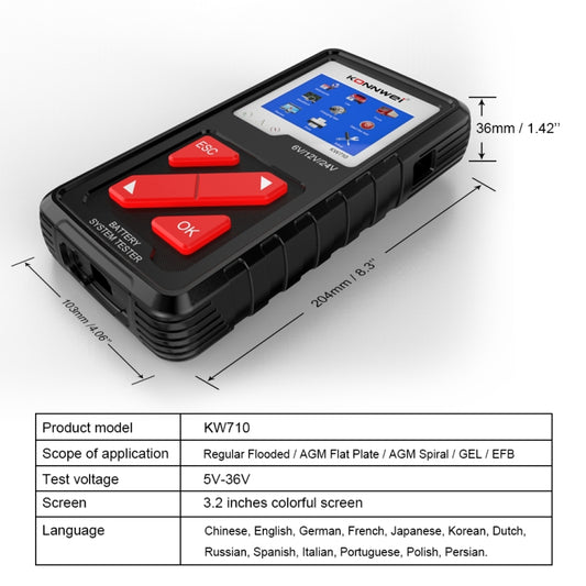 KONNWEI KW710 Car 3.2 inch 6V-24V Lead-acid Battery Tester Support 13 Languages, KW710