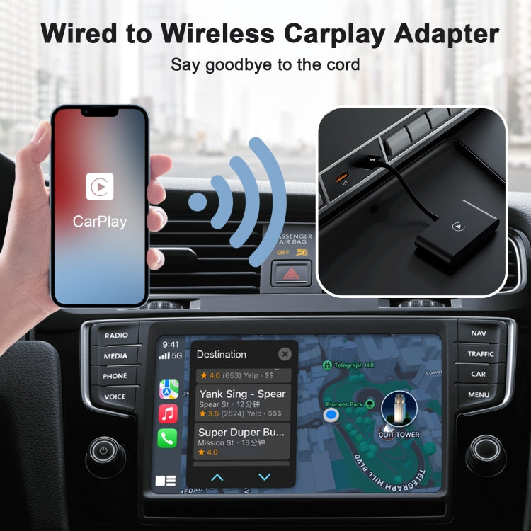 USB + USB-C / Type-C Wired to Wireless Carplay Adapter for iPhone, Black Rectangle