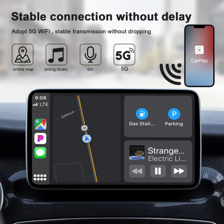 USB + USB-C / Type-C Wired to Wireless Carplay Adapter for iPhone, Black Rectangle