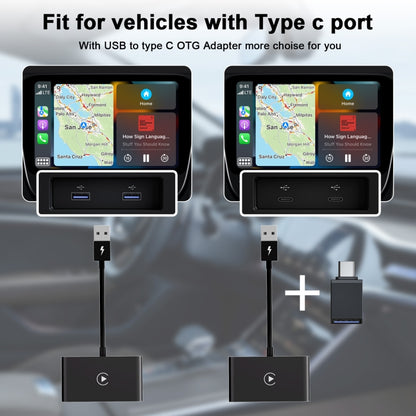 USB + USB-C / Type-C Wired to Wireless Carplay Adapter for iPhone, Black Rectangle