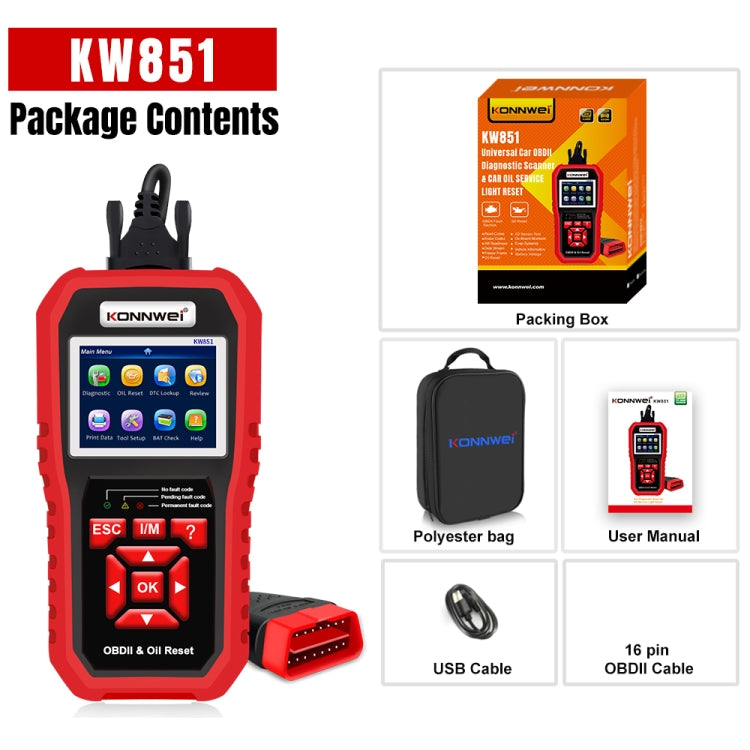 KONNWEI KW851 2 in 1 Car OBDll Scanner Diagnostic Tool Oil Service Light Reset, KW851