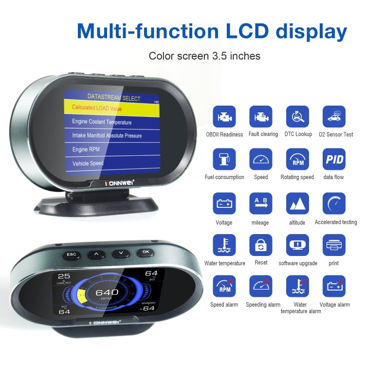 KONNWEI KW206 2 in 1 OBDII / EOBD12V Car Fault Scanner + 3.5 inch LCD Monitor, KW206