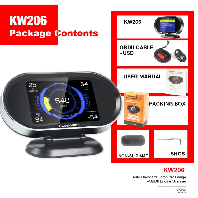 KONNWEI KW206 2 in 1 OBDII / EOBD12V Car Fault Scanner + 3.5 inch LCD Monitor, KW206