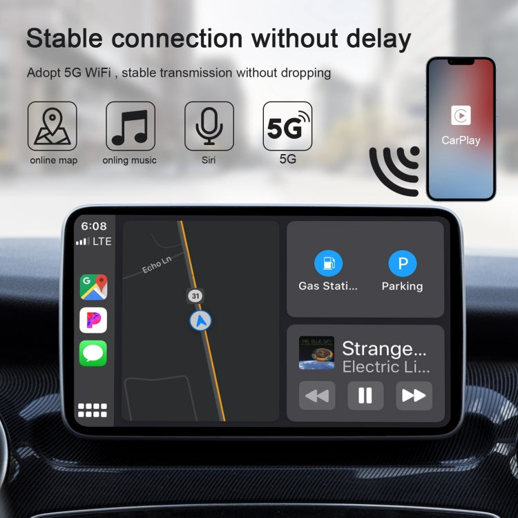 USB + USB-C / Type-C Wired to Wireless Carplay Adapter for iPhone, White Rectangle