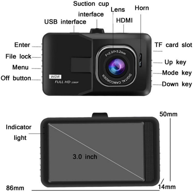 3.0 Inch HD 1080P Wide-Angle Driving Recorder With Reversing Image Specification：, Normal Definition Single Record（Black）, HD Single Record（Black）, HD Double Record（Black）