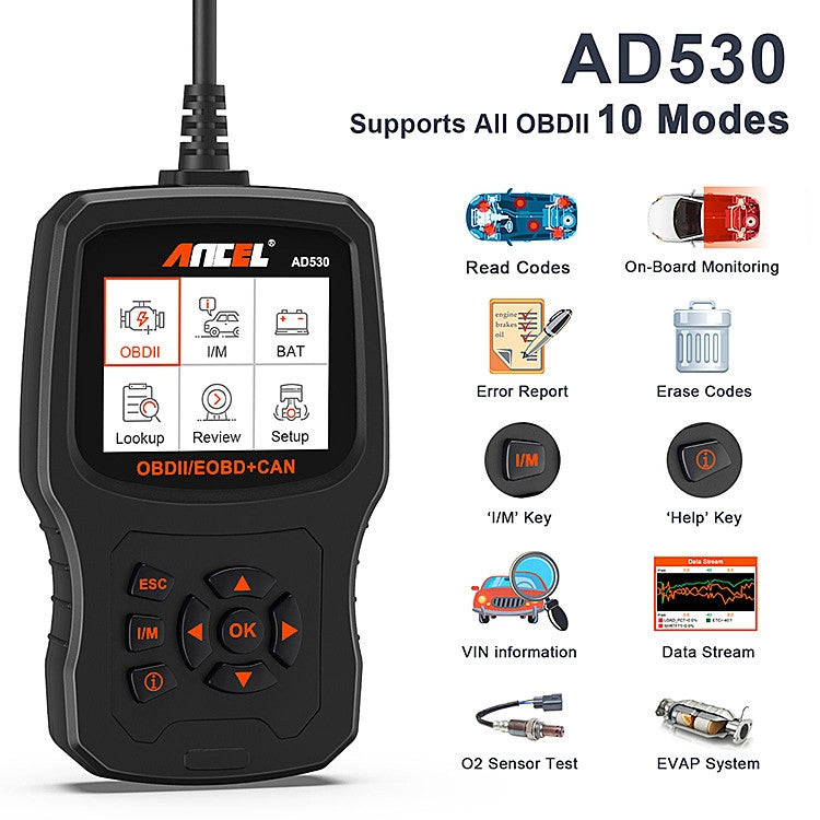 ANCEL AD530 2.8-Inch Screen OBD2 Car Engine Tester Car Battery Test Tool, AD530